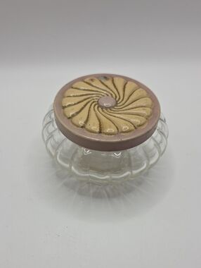 Vintage Glass Powder  Jar with Pink and Cream Decorative Lid